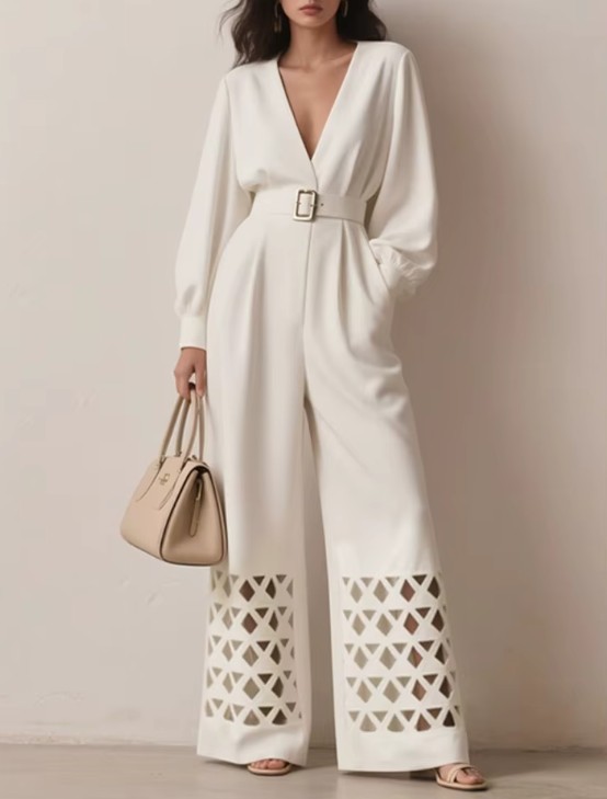 Langarm Braut Overall Einteiler Inken mit Sexy V Ausschnitt und Cut Outs