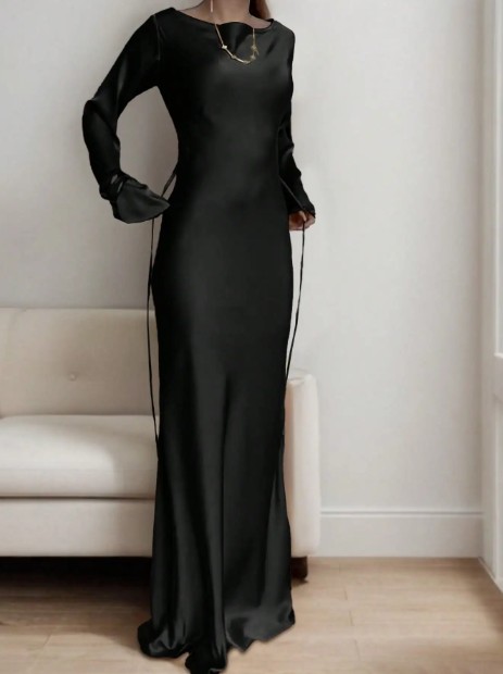 Langarm Satin Maxikleid Friederieke Elegant in Schwarz
