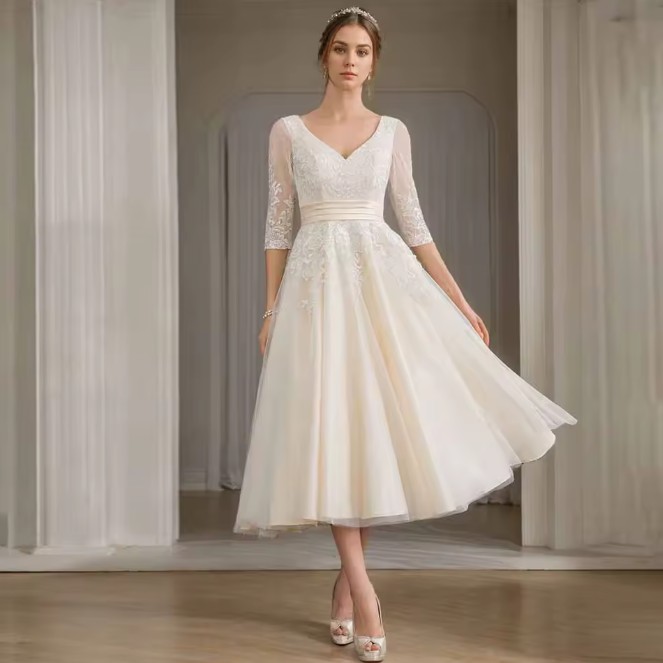 Langarm Vintage Stil Brautkleid Isabell mit Spitze&nbsp;Wadenlang