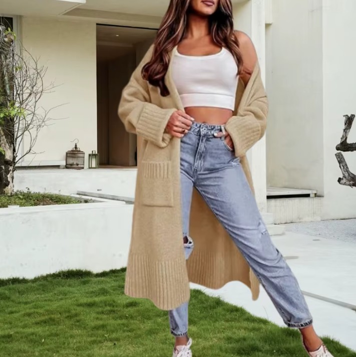 Lange Damen Strickjacke Gabriele mit Taschen in&nbsp;Creme