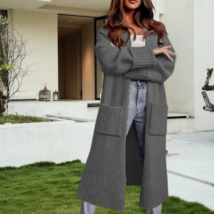 Lange Damen Strickjacke Gabriele mit Taschen in&nbsp;Grau