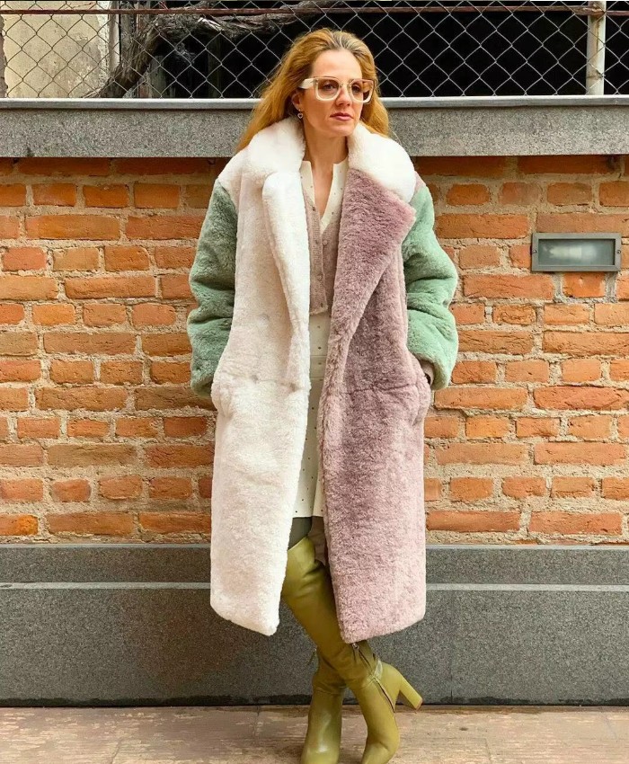 Langer Plüsch Damen Mantel Dreifarbig