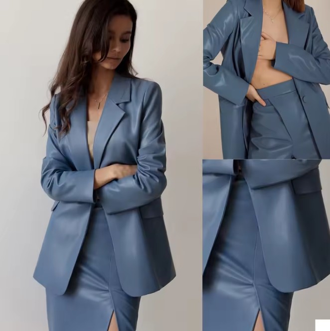 PU Leder Damen Kostüm Elegant in Hellblau mit Sexy&nbsp;Schlitz