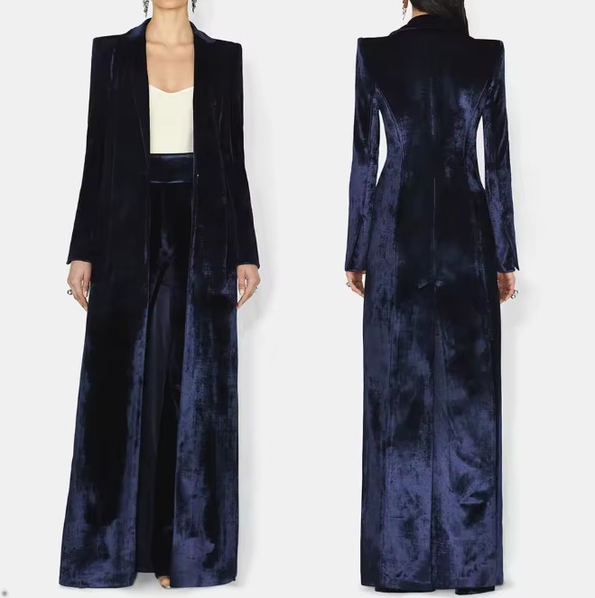Samt Velvet Damenhosenanzug Gasira Festlich in Dunkelblau mit Langer&nbsp;Blazer