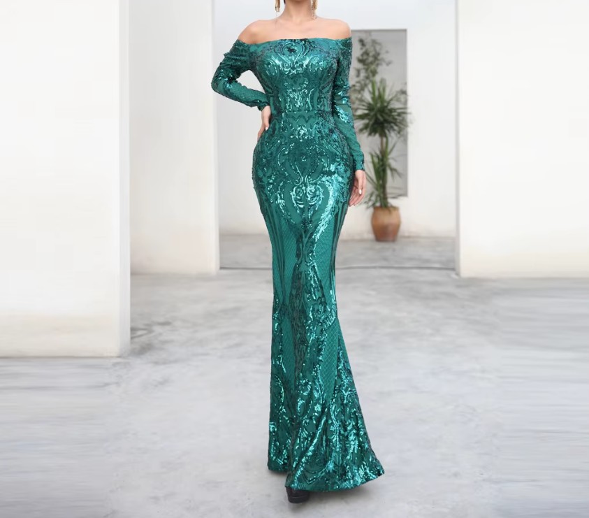 Schulterfreies Pailletten Glitzer Abendkleid Dafne Bodenlang in&nbsp;Grün