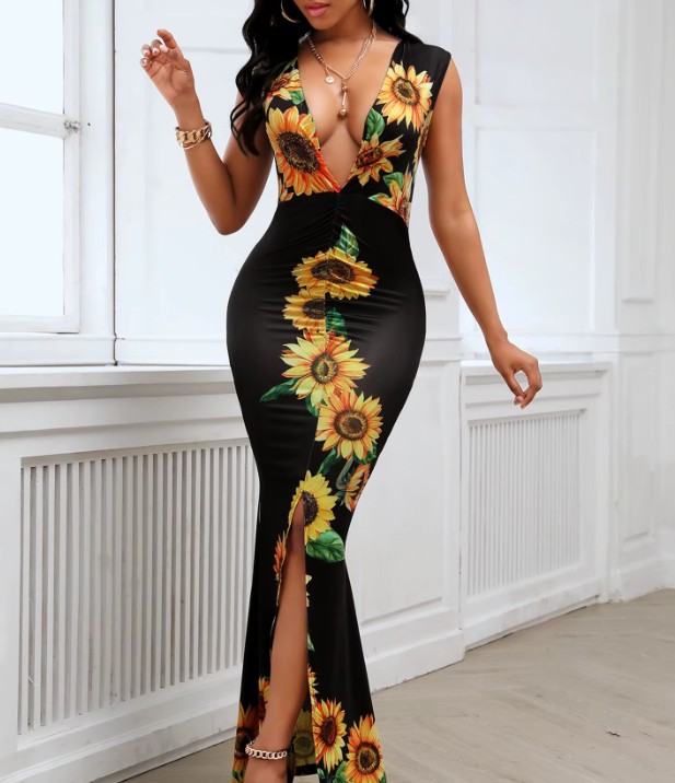 Sexy Bodycon Bleistift Kleid Gamze Lang in Schwarz mit&nbsp;Sonnenblumen