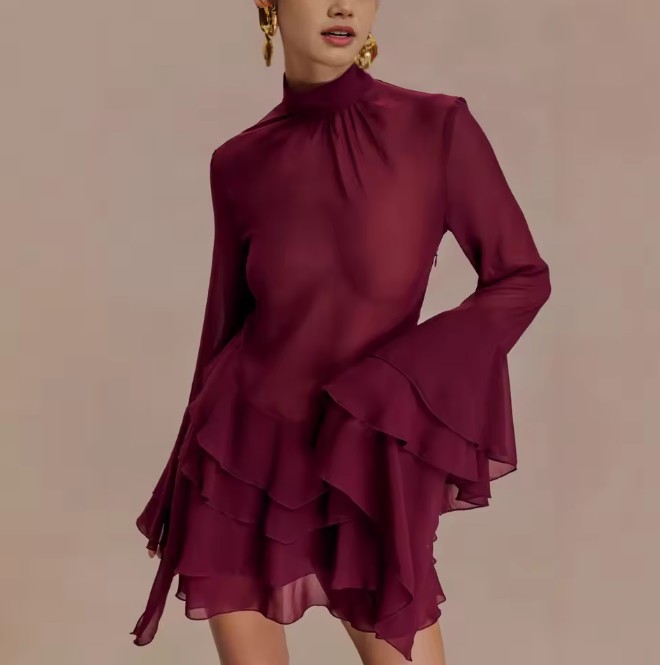 Sexy Langarm Chiffon Minikleid mit Trompetenärmeln Rot 