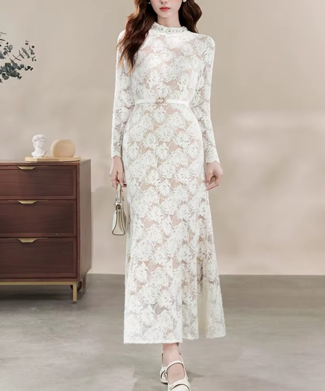 Vintage Stil Langarm Standesamtkleid Inge mit Blumen Applikationen Knöchellang