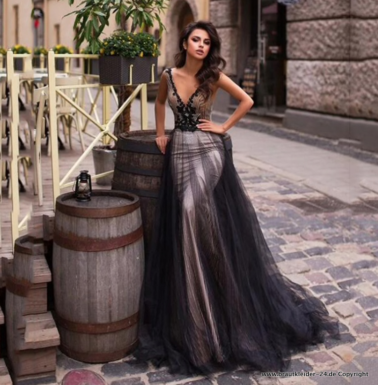 Meerjungfrau Tüll Brautkleid Hochzeitskleid in Schwarz&nbsp;Silber