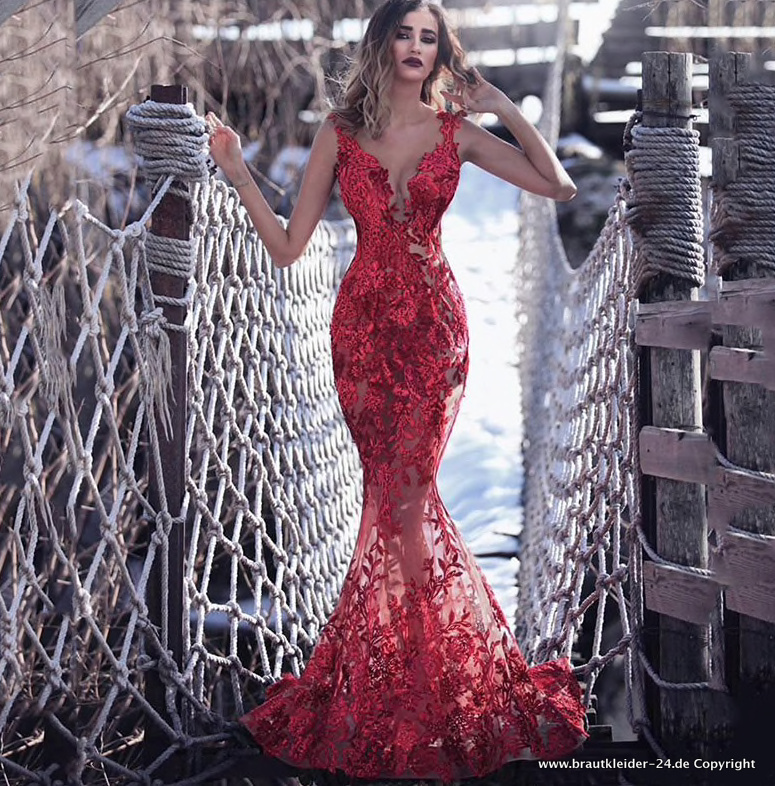 Meerjungfrau Brautkleid Standesamtkleid in Rot aus&nbsp;Spitze