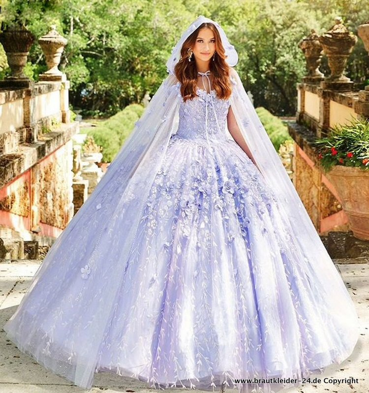 Lavendel Quinceanera Brautkleid Ballkleid mit Blumen Spitze und&nbsp;Cape