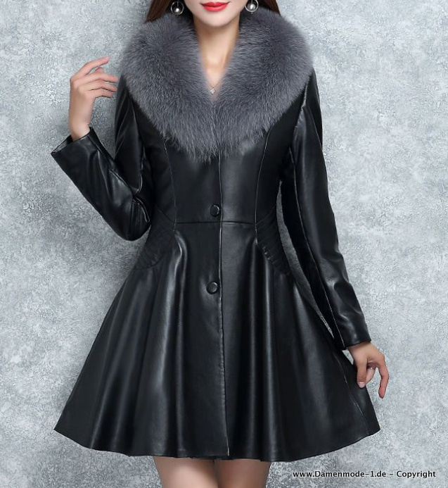 PU Leder Kurz Mantel in Schwarz mit Kunstpelz Kragen
