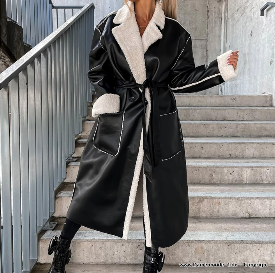 Langer PU Mantel in Schwarz mit Plüsch und Taschen