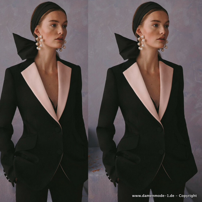 Business Hosenanzug Elegant in Schwarz Mit Reverskragen in Altrosa