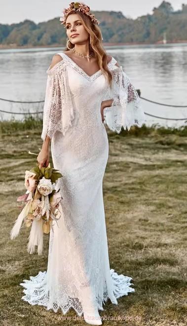 I Linie Boho Brautkleid Hildegard mit Fledermaus Ärmeln und Spitze