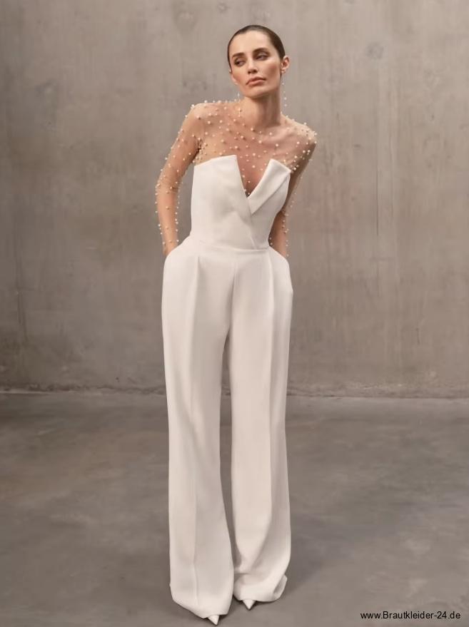 Standesamt Braut Einteiler Frederike mit Mesh Perlen Applikationen