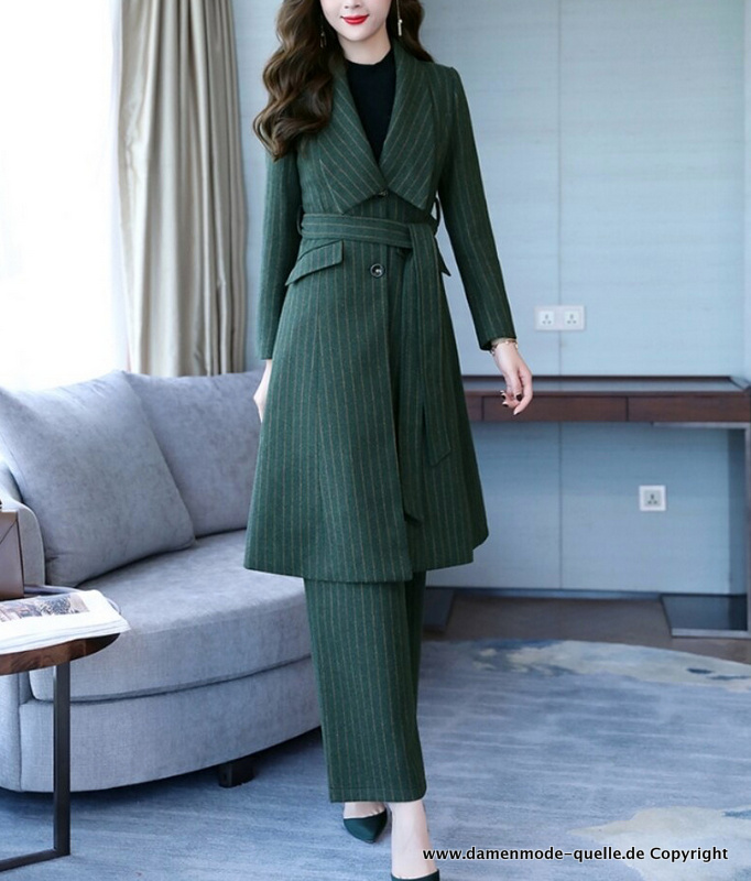 Damen Businessoutfit Hosenanzug Gestreift mit Longblazer in&nbsp;Grün