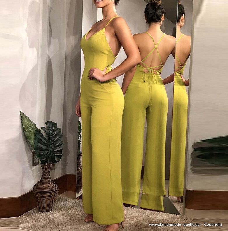 Spaghetti Kreuzträger Overall Jumpsuit Elegant Lang in&nbsp;Ockergelb