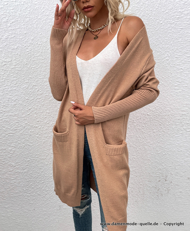 Damen Cardigan Strickjacke Einfarbig mit Taschen in&nbsp;Hellbraun