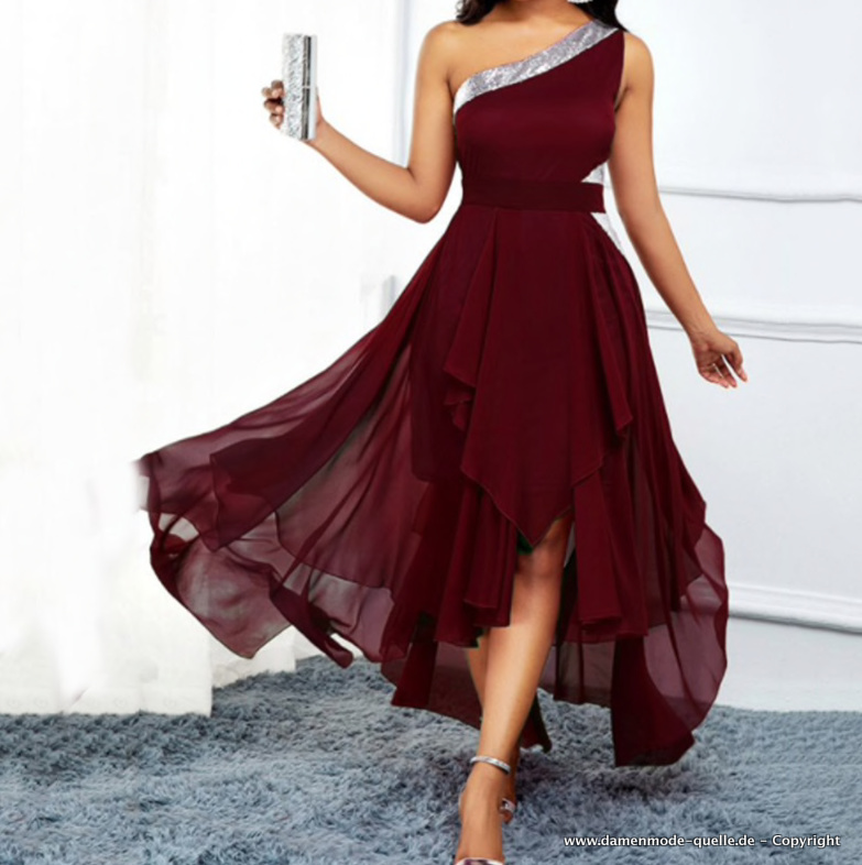 One Shoulder Chiffon Kleid Elegant in Weinrot