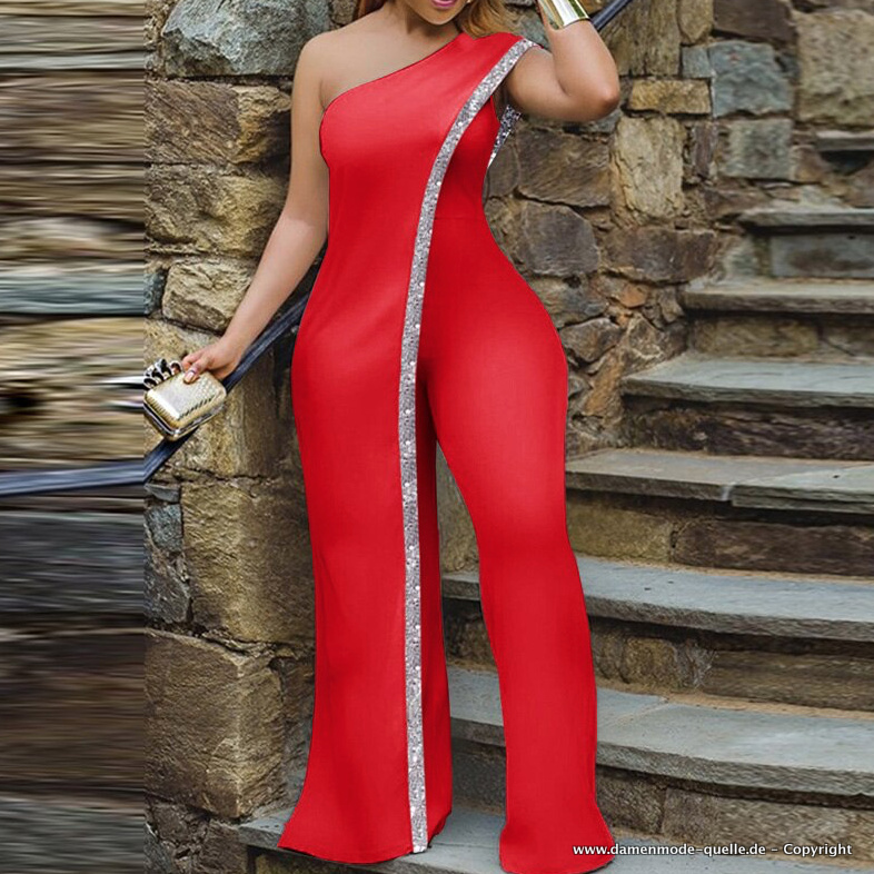 One Shoulder Jumpsuit Einteiler Lang in Rot mit&nbsp;Pailletten