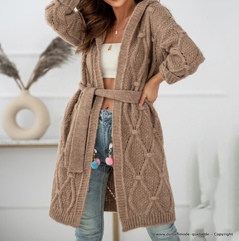 Damen Cardigan Wickel Strickjacke mit Kapuze in&nbsp;Beige