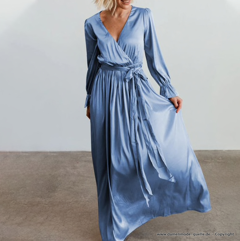Langarm Satin Kleid Elegant in Hellblau