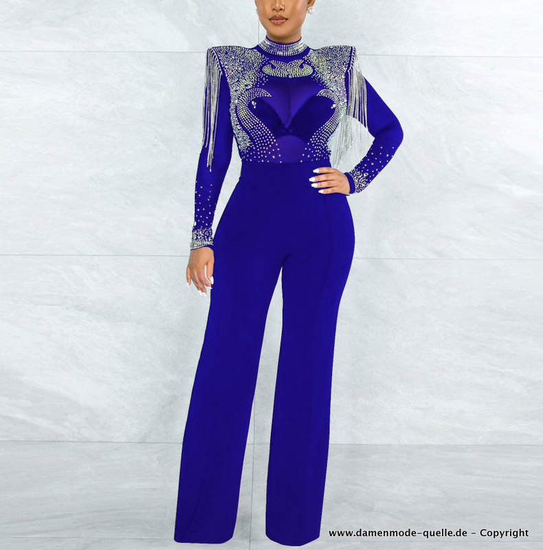 Sexy Jumpsuit Einteiler Lang in Blau mit Diamant&nbsp;Applikationen