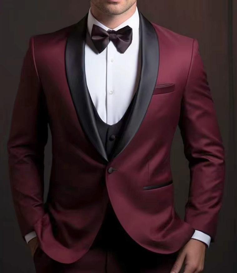 Smoking für den Bräutigam in Dunkelrot Schwarz Dreiteilig Sakko Weste und&nbsp;Hose