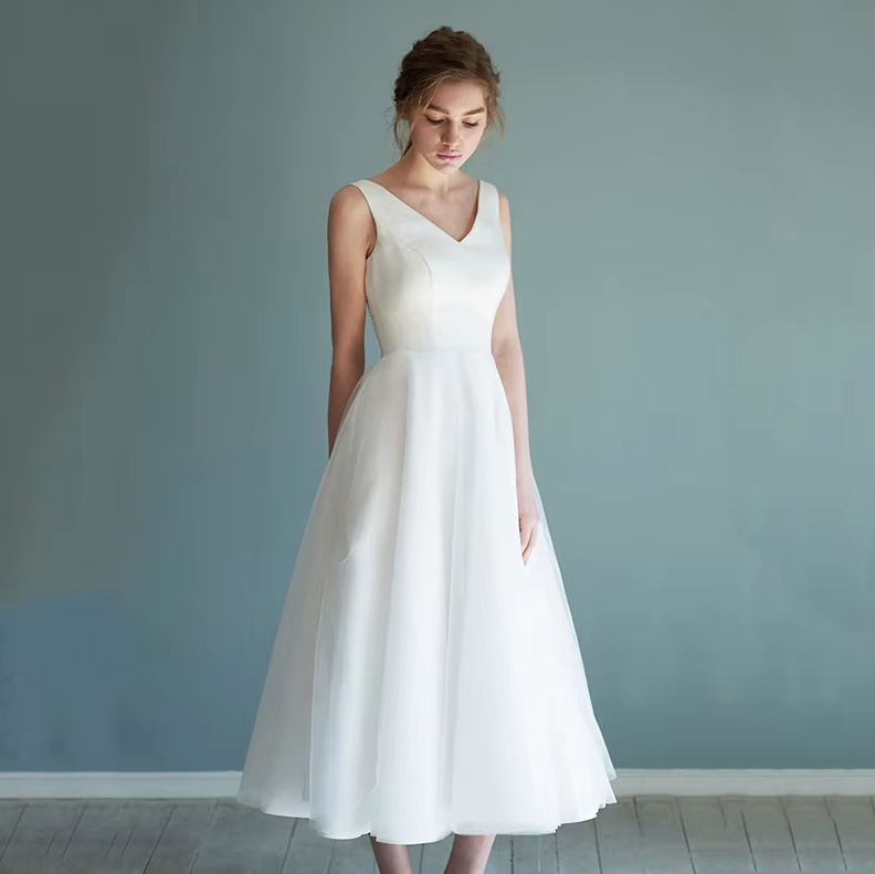 A Linie Standesamt Brautkleid Cécile Schlicht Wadenlang