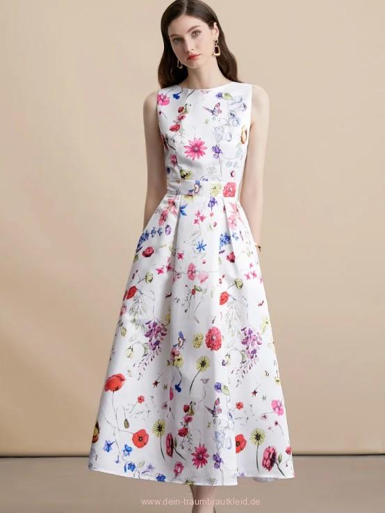 Ärmelloses Sommerkleid Inka Elegant für Hochzeitsgäste in Weiß mit&nbsp;Blumenmuster