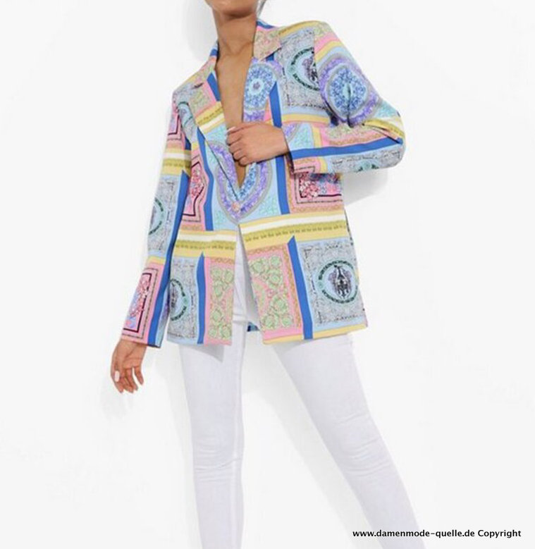 Damen Blazer Elegant mit Retro Muster Blau