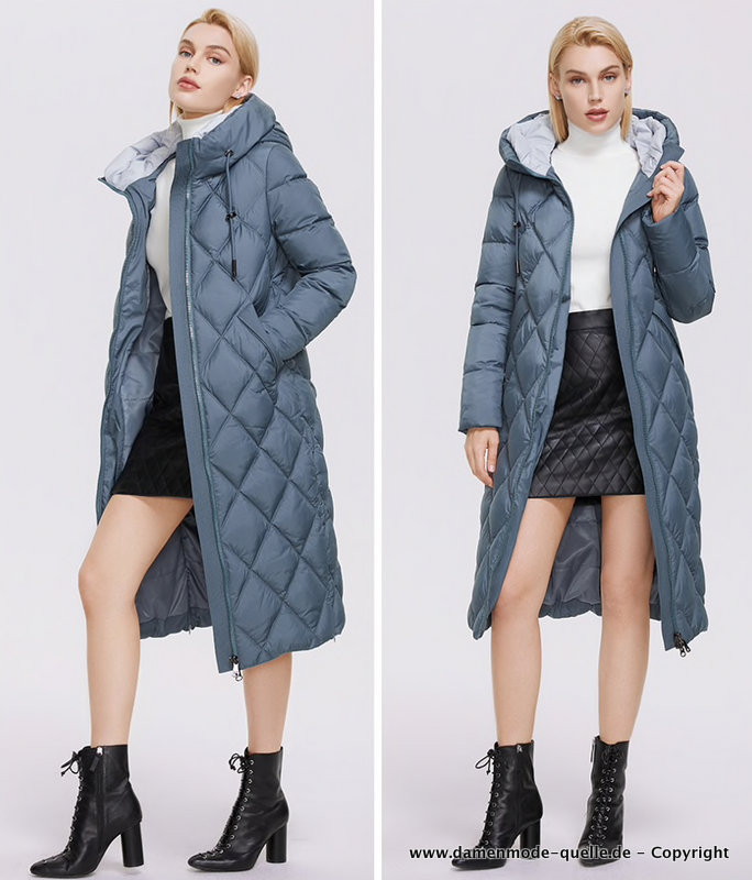 Lange Steppjacke Damen Winter Parka mit Kapuze in Silbergrau