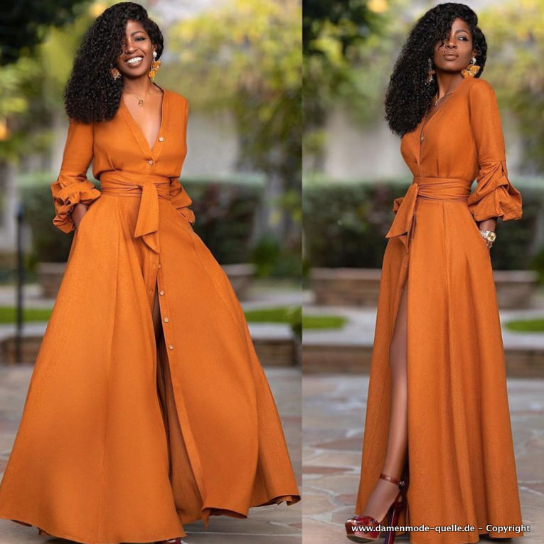Langarm Cut Out Wickelkleid mit Sexy V Ausschnitt in&nbsp;Orange