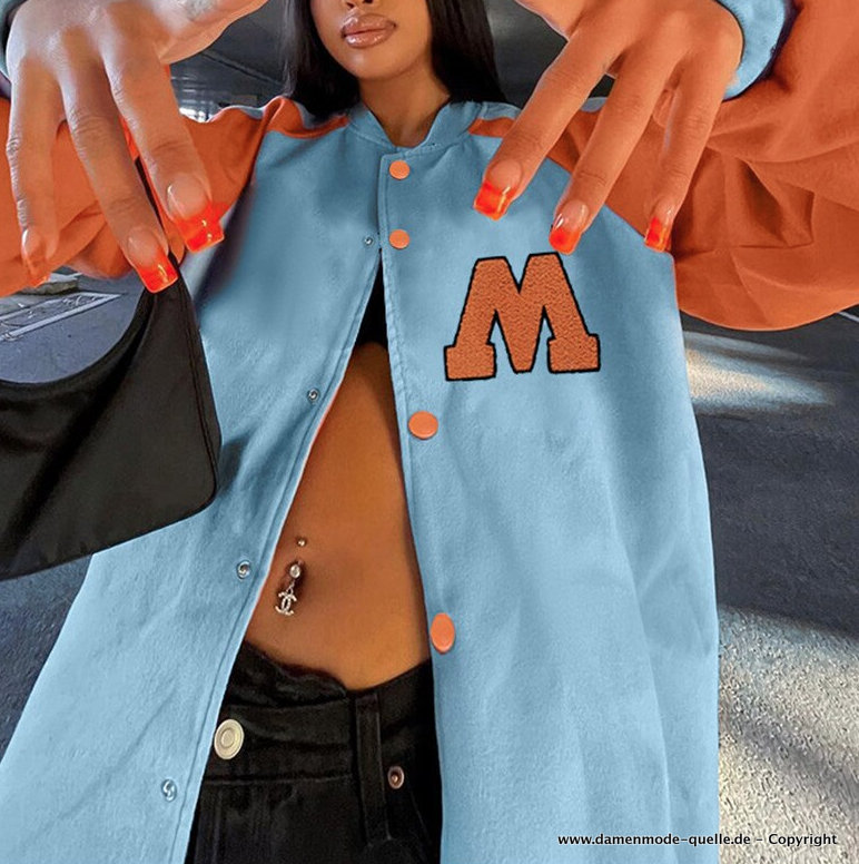 Damen Baseballjacke Patchwork Übergangsjacke in Orange&nbsp;Blau