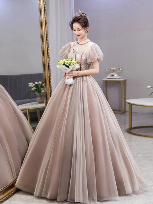 Victorian Style Prinzessin Ball Linie Kurzarm Brautkleid in Champagne mit&nbsp;Ärmel