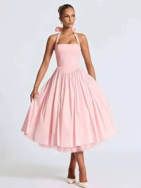 Neckholder Träger Mini Cocktailkleid in Rosa Wadenlang