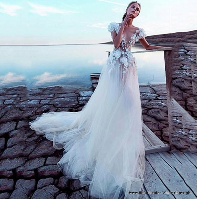 Bohostyle V Ausschnitt Brautkleid Tüll Hochzeitskleid mit&nbsp;Blumen