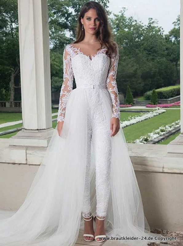 Elegantes Overall Jumpsuit Brautkleid mit Schleppe