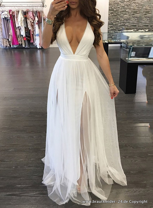 A Linie Tüll Standesamtkleid Lang in Weiss mit Sexy V&nbsp;Ausschnitt