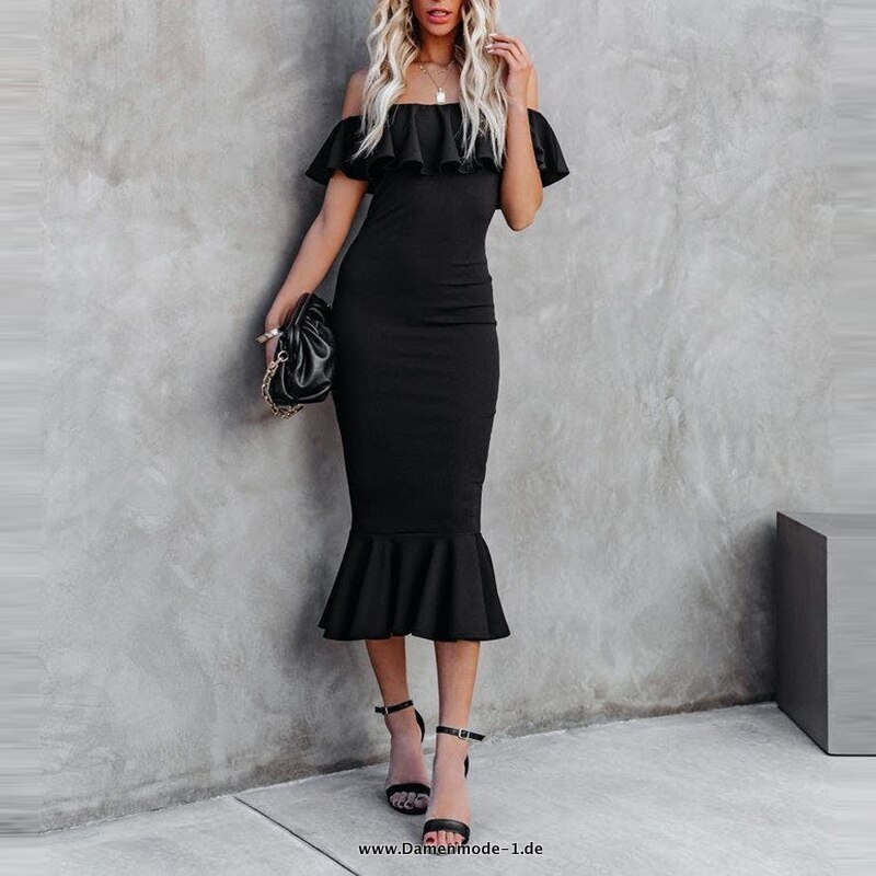 Damen Sommer Sexy Rüschen Midi Party Meerjungfrau Kleid in&nbsp;Schwarz