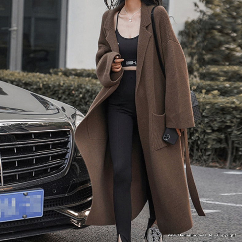 Lange Patchwork Cardigan Strickjacke in Braun&nbsp;Elegant