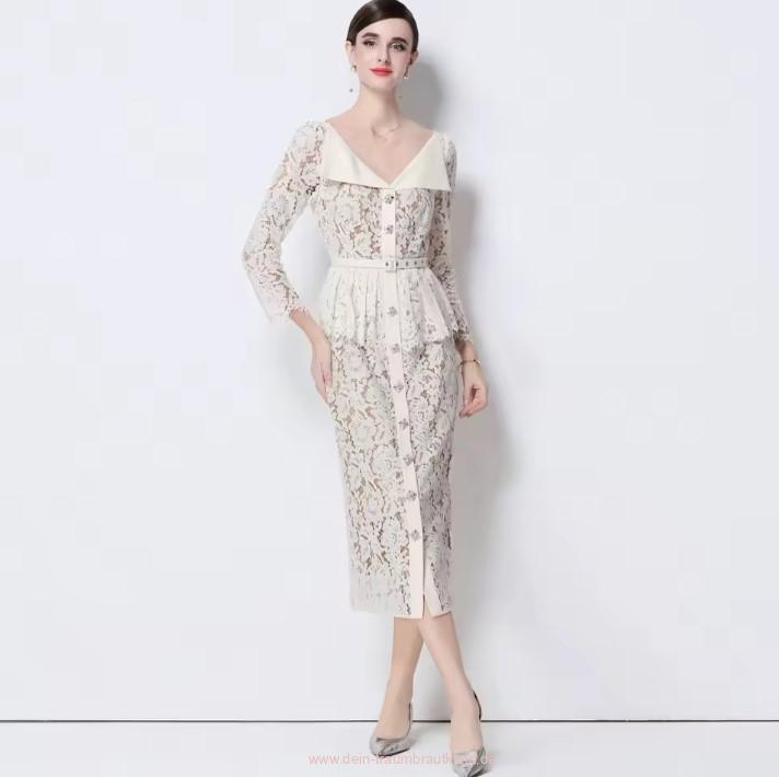 I Linie Langarm Standesamt Brautkleid Gunda Wadenlang aus Spitze&nbsp;Elfenbein