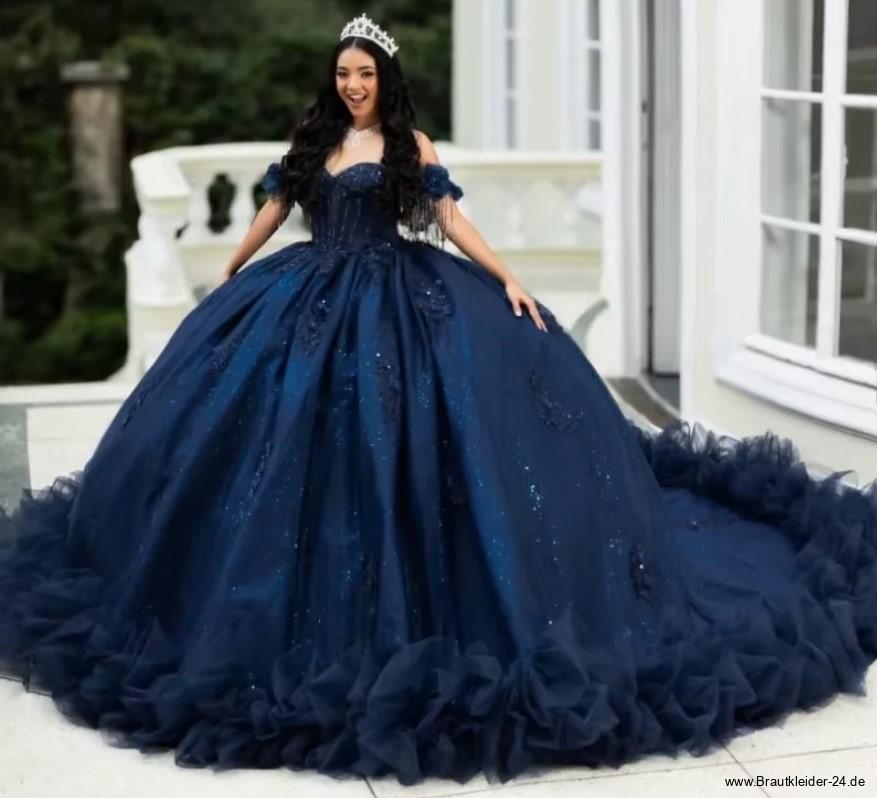 Schulterfreies Prinzessinnen Brautkleid in Marineblau mit Schleppe und&nbsp;Rüschen