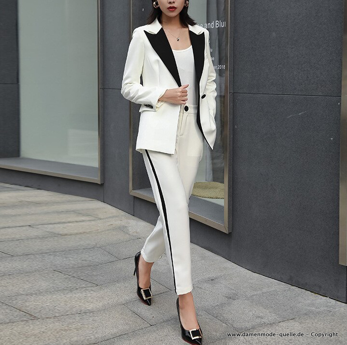 Business Hosenanzug Weiß mit Applikationen in Schwarz&nbsp;Lang