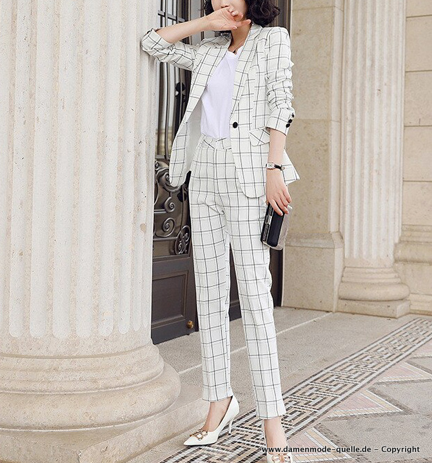 Damen Hosenanzug Elegant in Weiß&nbsp;Kariert
