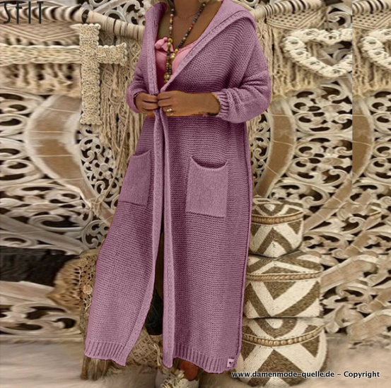 Lange Strickjacke Cardigan mit Kapuze in&nbsp;Flieder