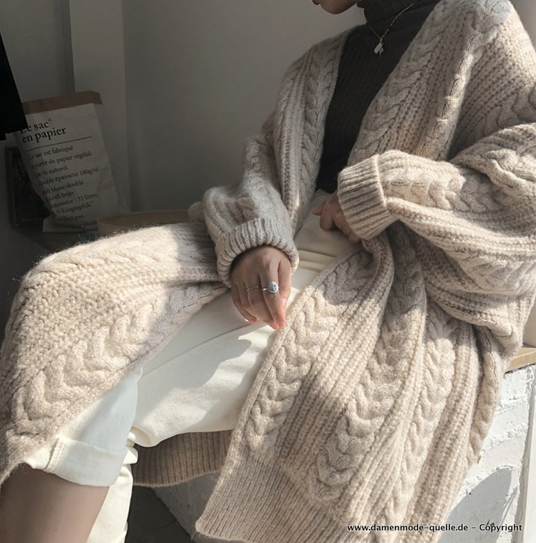 Damen Woll Cardigan Strickjacke Lang in&nbsp;Creme