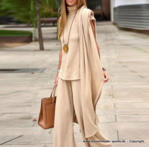 Herbst – Frühling Damenoutfit Dreiteiler Gestrickt in&nbsp;Beige