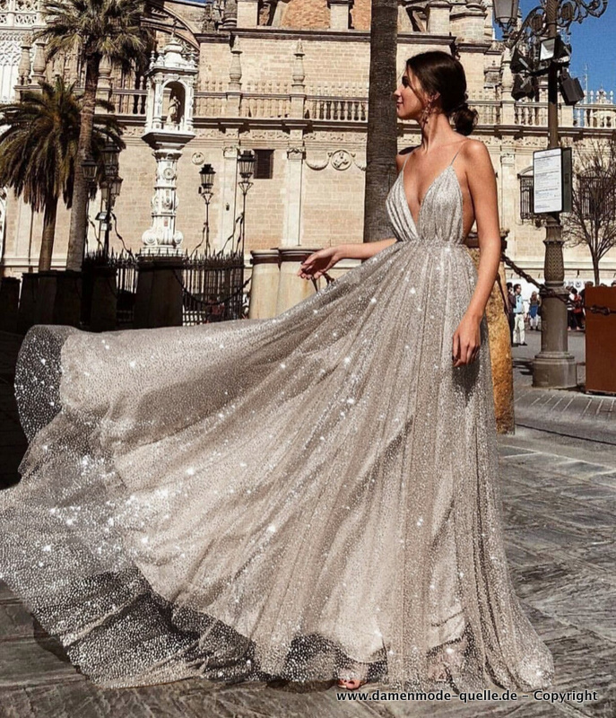 A Linie Spaghettiträger Abendkleid Elegant in&nbsp;Silber